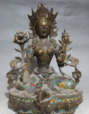 

JP S0127 12" Tibet Buddhism Cloisonne Enamel Bronze Green Tara Guan Yin Buddha Statue Discount 35%