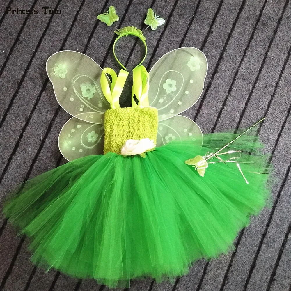 Meilleur 1 Set Cosplay Tinkerbell Fée Magique Tutu Habiller Princesse Fille Fête D anniversaire Robe Vert Enfants Halloween Costume Avec Aile