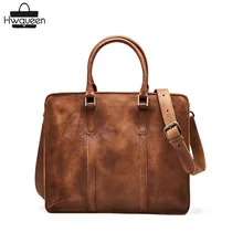 Мужской портфель в винтажном стиле из воловьей кожи, мужская сумка для ноутбука, натуральная кожа, застежка-молния, Ретро стиль, дорожная сумка, сумка через плечо