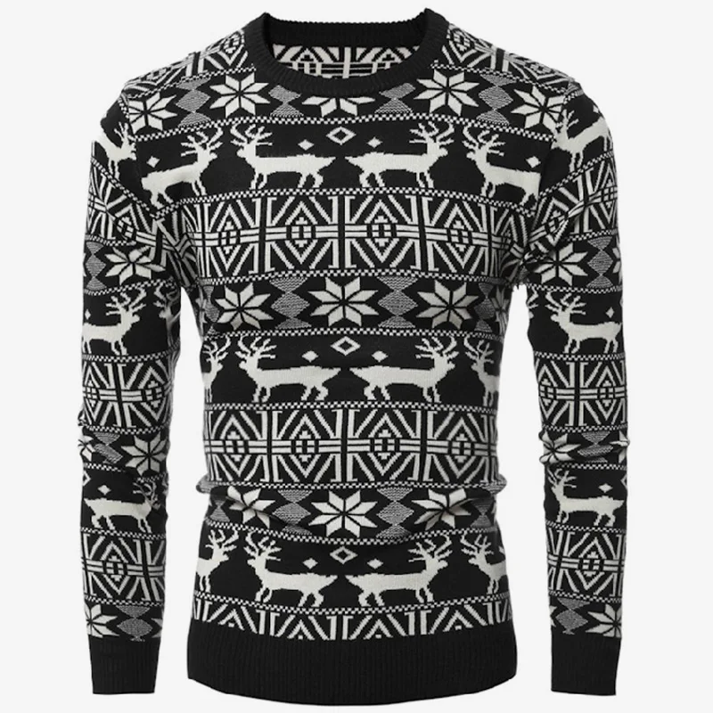 Зимний Рождественский мужской свитер с принтом оленя, длинный рукав, теплый вязаный пуловер, мужской повседневный облегающий плотный свитер с круглым вырезом - Цвет: Black
