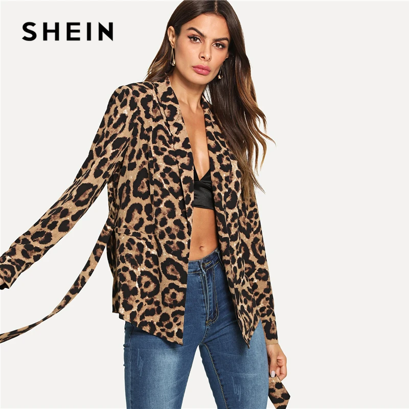 SHEIN Multicolor Highstreet Office Lady Shawl Collar Belted Leopard Print Elegant Blazer Autumn Workwear Women Outerwear