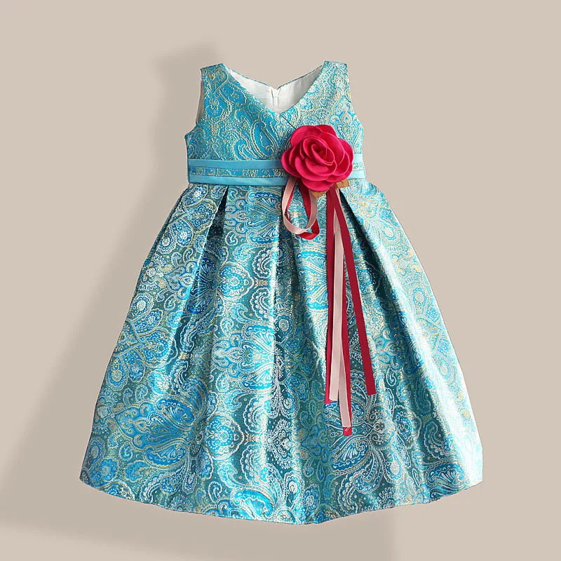 New Year Girl Party Dress Red Ribbon Flower Bow Kids Dress Blue Lace