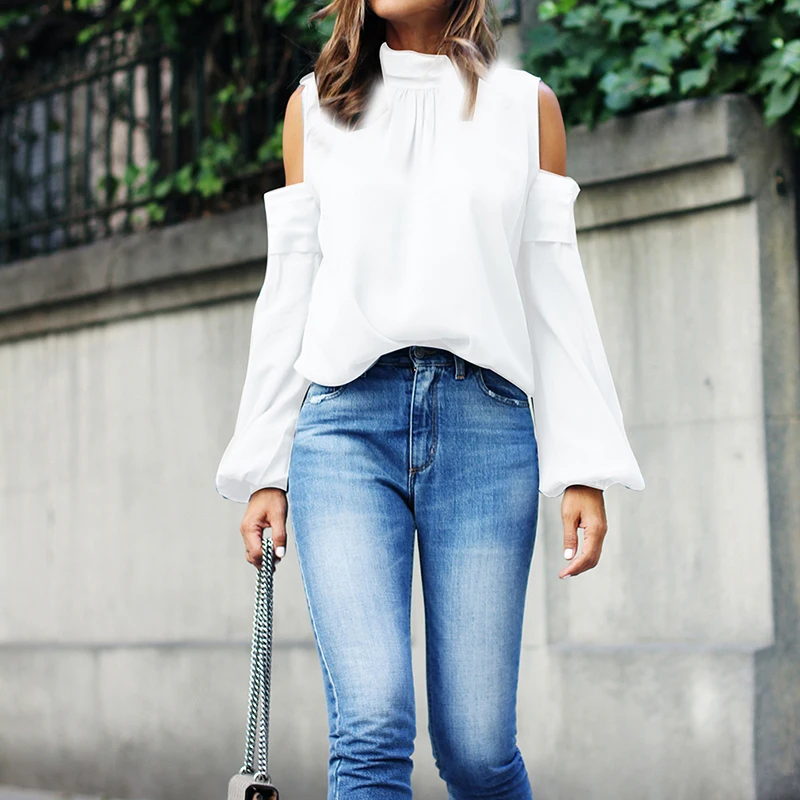 

Spring Women Blouse And Tops Office Ladies White Work Shirt Long Sleeve Shirt Sexy Off Shoulder Work Chiffon Blouse