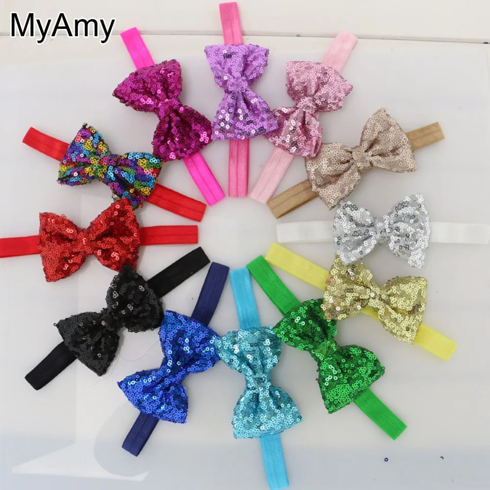 MyAmy 12pcs Large Neon Sequined Bows Glued With Elastic Headband Girls