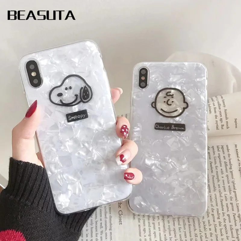 

Cute Snoopys Dog and Charlie Brown soft phone case For iphone 6 6s 7 8 plus X XS XR MAX 7plus 8plus Ultra TPU Conch Shell cover