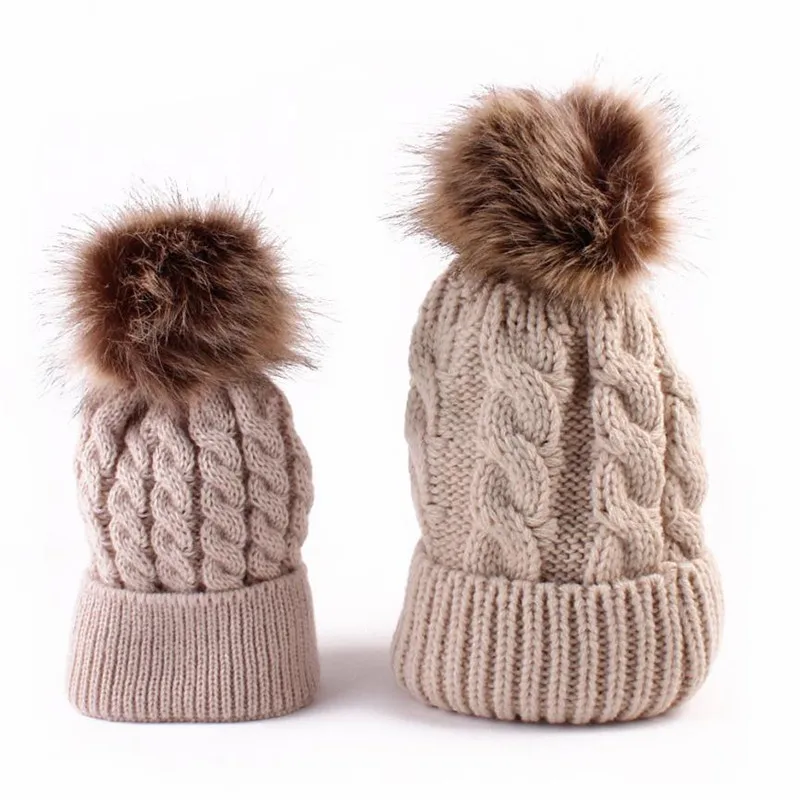 2PCS Mom/&Baby Women Newborn Toddler Kids Girl Boy Winter Knitted Hats Beanie Cap