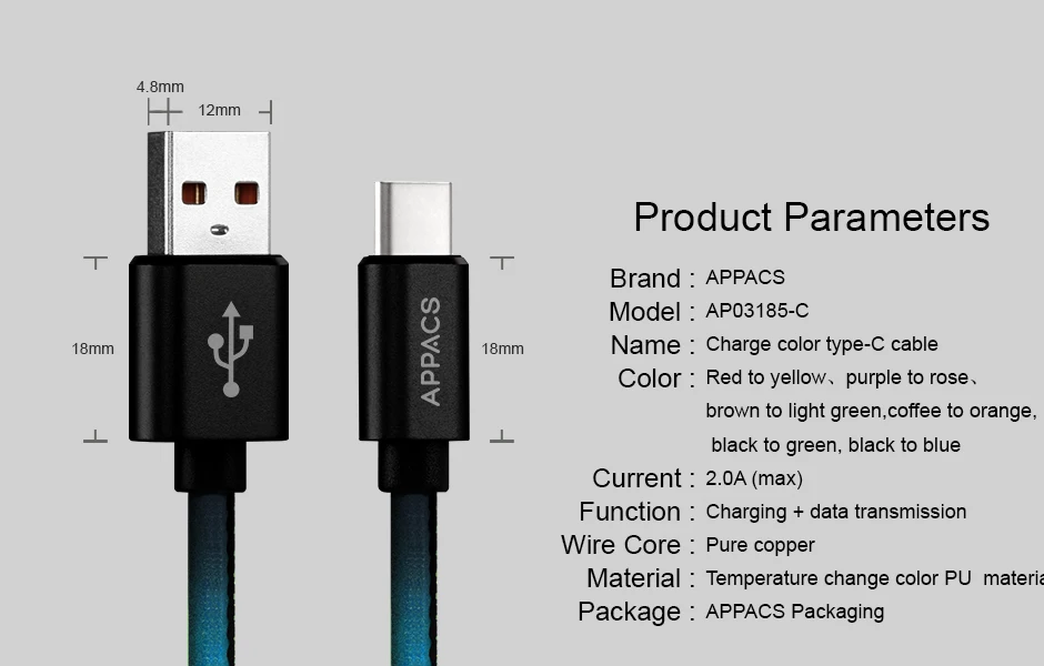 APPACS 1 м usb type-C кабель для зарядки телефона с горячим ощущением температуры зондирования Обесцвечивающий кабель для передачи данных USB-C для Xiaomi 4C huawei P9 Letv