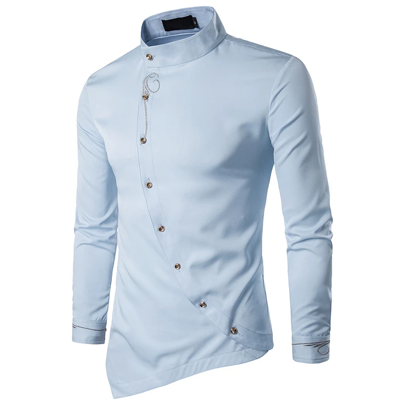 

Men fashion leisure solid color Embroidery Shirt Personality Oblique Button Irregular Arrival Long Sleeve Casual Shirts big size