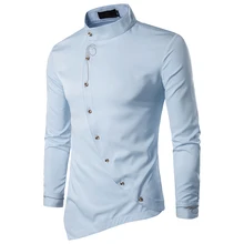 Men fashion leisure solid color Embroidery Shirt Personality Oblique Button Irregular Arrival Long Sleeve Casual Shirts big size slimming trendy shirt collar solid color oblique button long sleeve polyester shirt for men