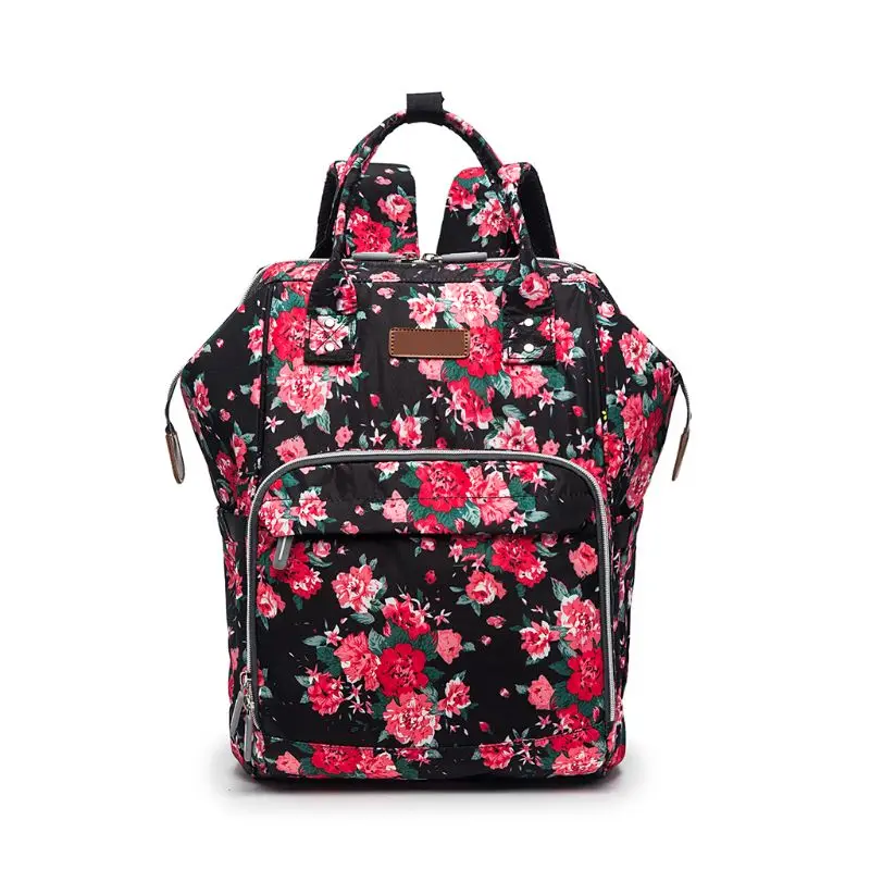 Цветочные пеленки рюкзак для мамы вместительные, для будущих мам Детская сумка Многофункциональный Органайзер с лямками для коляски - Цвет: Черный
