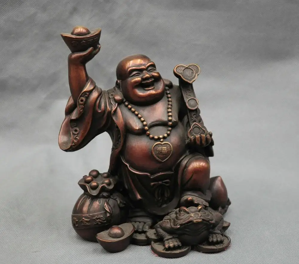 

7'' China Bronze Happy Maitreya Buddha Hold Ingot Ruyi Statue