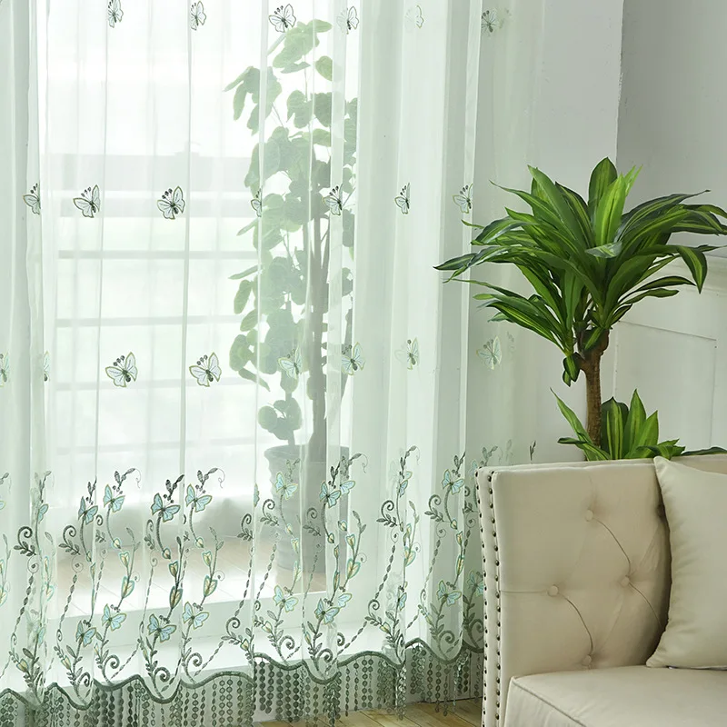 Новые пасторальные тюлевые шторы с вышивкой для гостиной, зеленые рельефные КРУЖЕВНЫЕ ШТОРЫ с бабочками для спальни, занавески с прозрачными панелями MY151#30