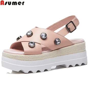 

ASUMER 2020 fashion summer new shoes woman buckle flat platform casual sandals women buckle genuine leather shoes white pink