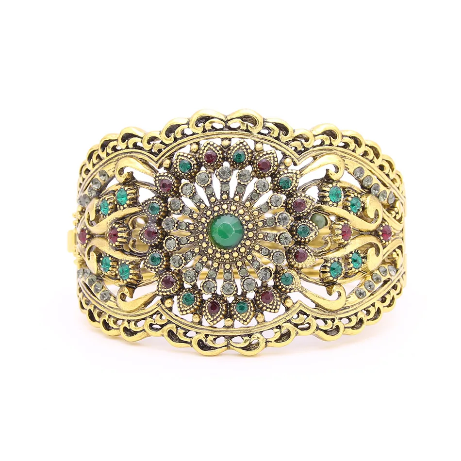 

Vintage Turkish Women Flower Bangle Ethnic Cuff Antique Gold Color Jewelry Bracelet India Hollow Arabesque Bridal Bangles