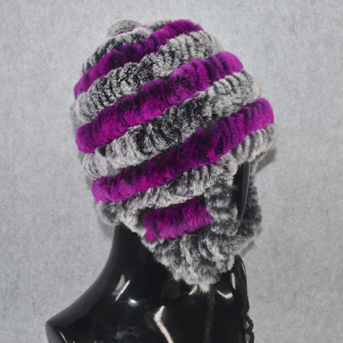 grey purple Зимние женские полосатые помпоны, натуральная шапка из меха кролика Рекс, теплые мягкие вязаные натуральные шапки из меха кролика Рекс, женские меховые шапочки - Цвет: grey purple