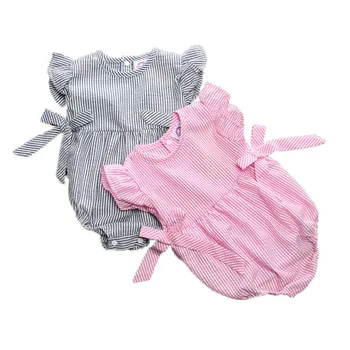 

2019 New Born Baby Girls Short Sleeved Rompers Infant Baby Summer Thin Pink Climbing Clothes Girls Cute Striped Bow Jumpsuit Out