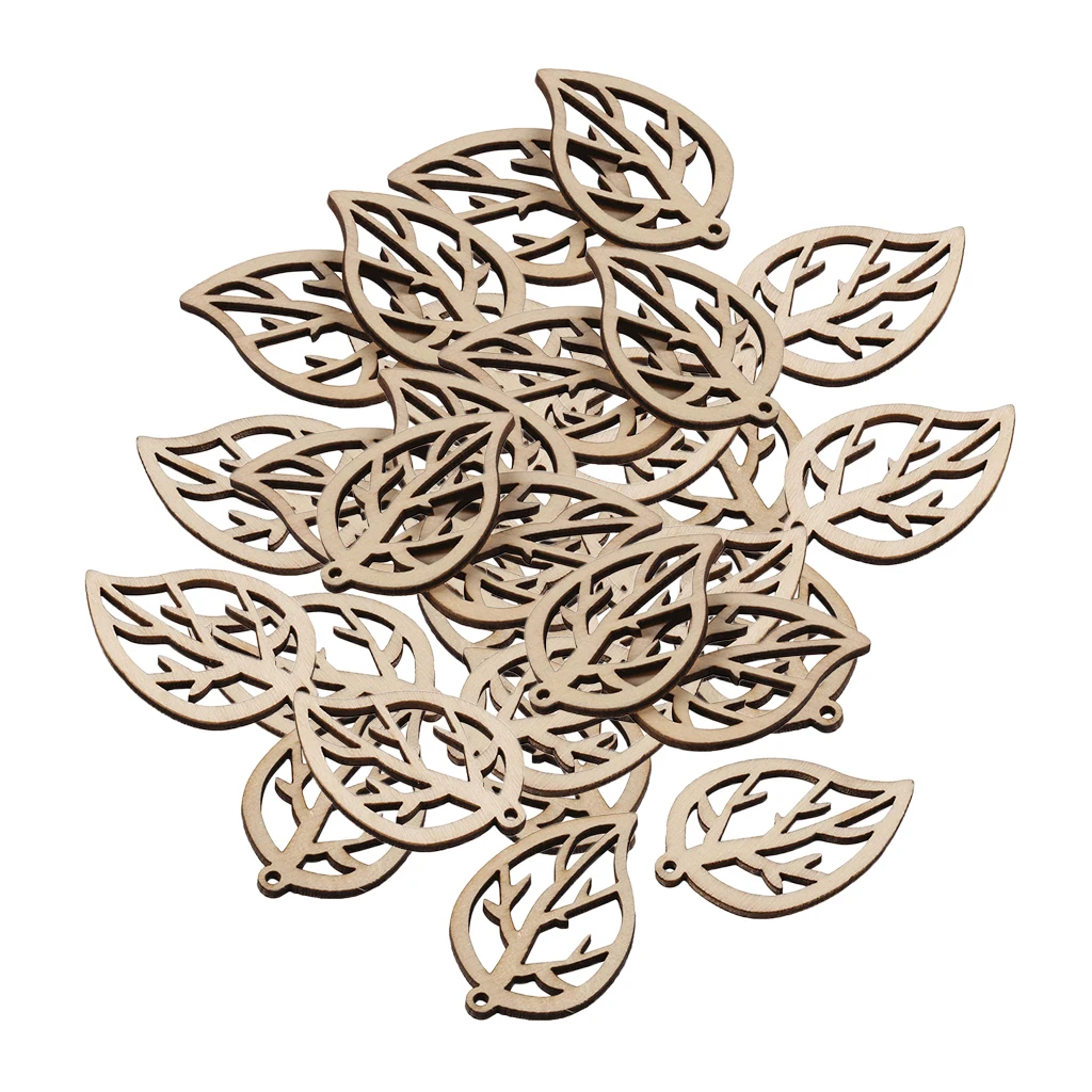 30pcs 29x40mm Wood Leaf Natural Wooden Shapes Scrapbooking Craft Handmade Accessories Home Decorations Hanging Wind Chimes