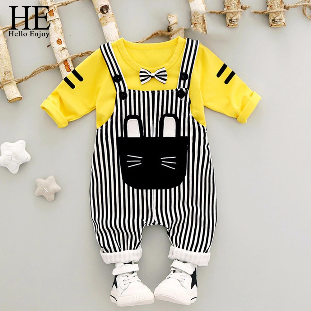 HE Hello Enjoy newborn Baby Boy clothes 2017 Spring Autumn 1st birthday outfits Long Sleeve T-Shirt+Striped Belt Pants 2pcs suit
