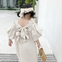 Новое Стильное платье с бантом для девочек летние хлопковые льняные платья для девочек 1-6 лет PV417