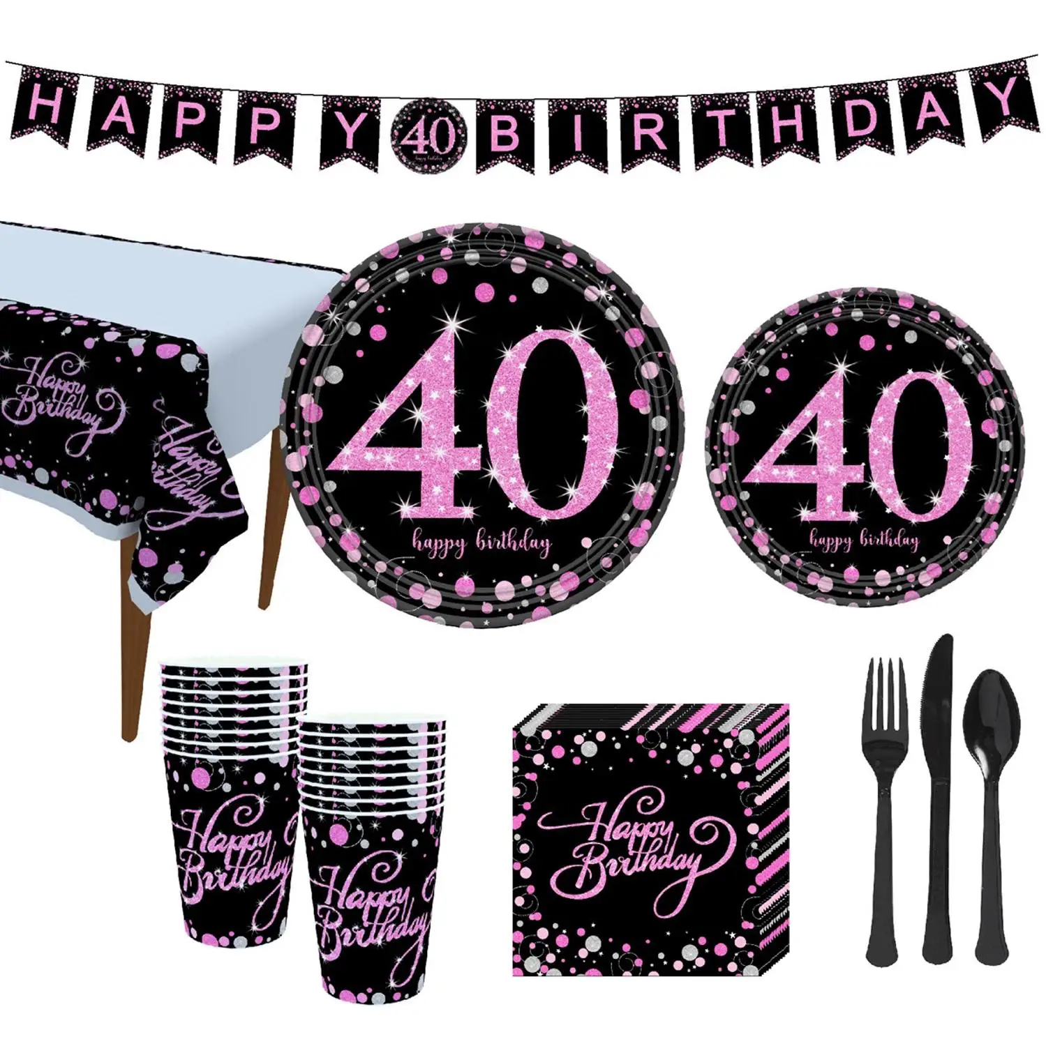 Taoup 40th Birthday Party Tableware Paper Plates Banners Tablecloth Towels Happy 40 Birthday Party Decorations Adults Parents