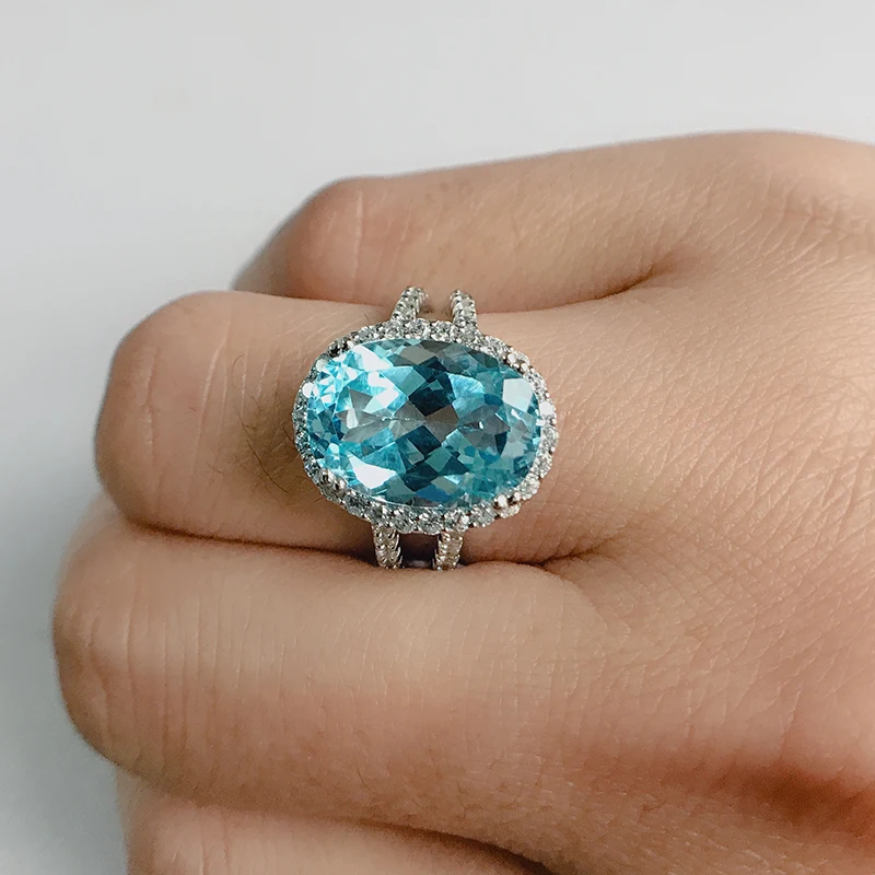 QYI 925 Sterling Silver Halo Engagement Rings 6.0 Ct Big Oval Natural Sky Blue Topaz Dinner Party Jewelry Luxury Gemstone Ring