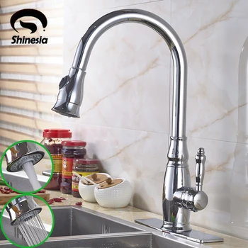 

Chrome Polished Solid Brass Kitchen Sink Faucet Single Handle Pull Out Mixer Tap with 10" Cover Plate