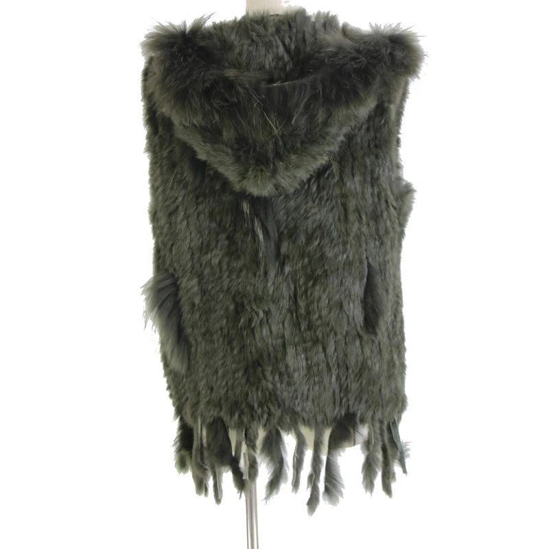 

Harppihop fur New natural Fur Vest Genuine Rabbit Fur Knitted Gilet with Hooded Long Coat Jackets Women Winter V-211-05
