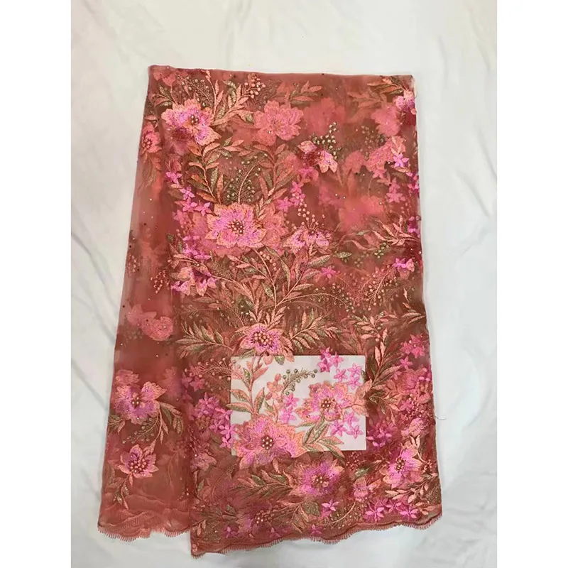 2018 Beaded Embroidery Peach Color Lace High Quality African Tulle Lace