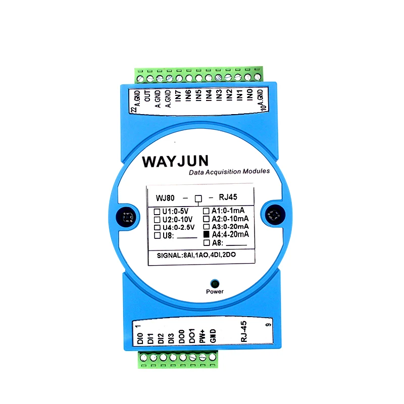 Wayjun WJ80 8-CH 4-20mA to Modbus TCP сети регистрирующий Модуль ток/напряжение дистанционного IO сигнал преобразователя с DI DO