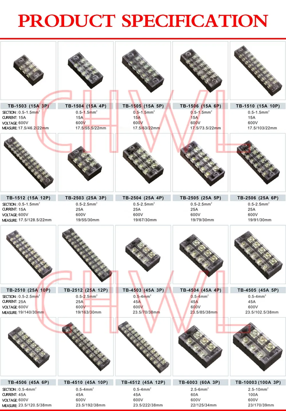 TB-1503-04-05-06-08-10-12 двухрядный фиксированный клеммный блок 600 в 15A винтовой клеммный барьер Латунь