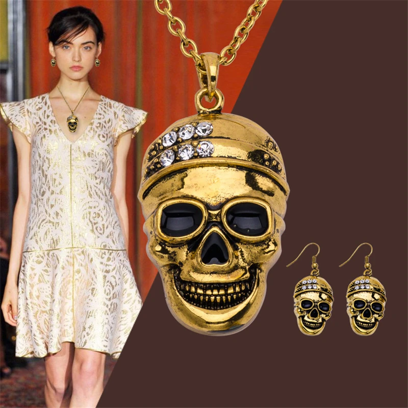 

New Fashion Halloween Statement Accessories For Men Women Crystal Skull Necklace Pendenties Earrings Jewelry Sets Party Gifts