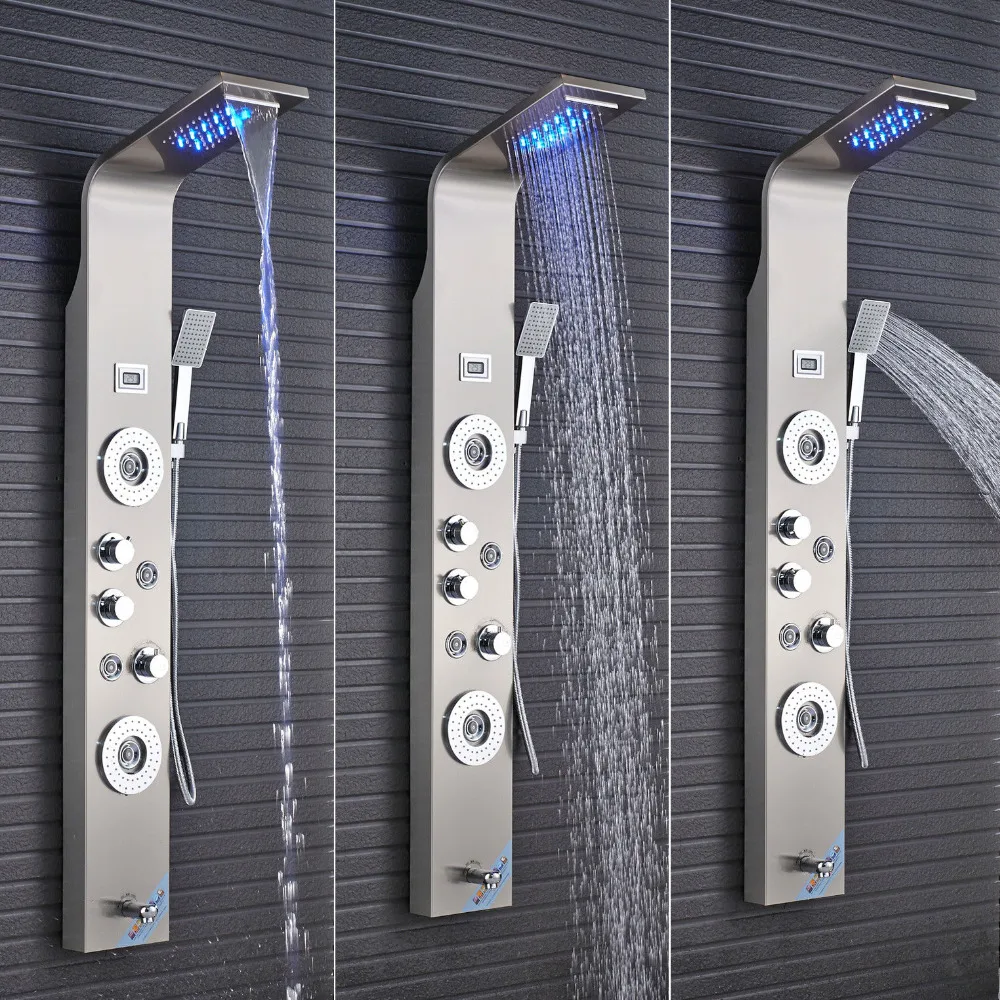 LED Rainfall Waterfall Shower Jets Stainless Steel Shower Panel Tower
