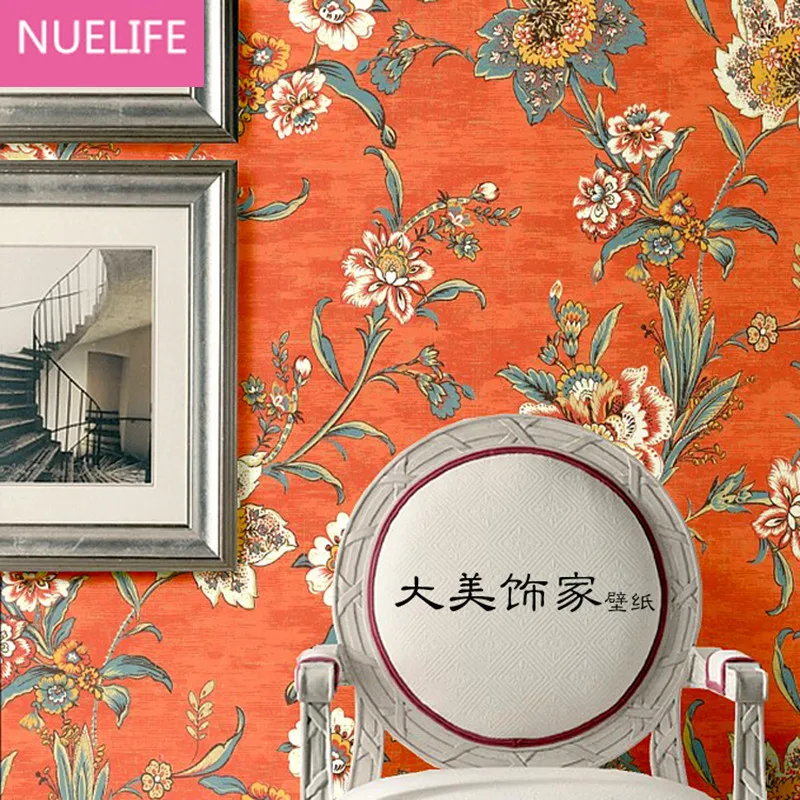 

0.53x10 Meter American Village Retro Orange Red Flower Pattern Wallpaper Wedding Room Bedroom Restaurant Wallpaper