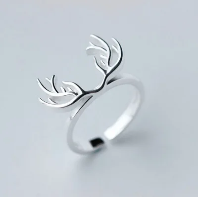 

925 Sterling Silver Deer Antlers Rings for Women New Design Lovely Girls Christmas Gift Statement Jewelry Adjustable Size Ring