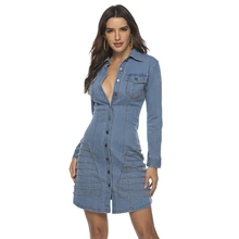 spring Long Sleeves Casual bodycon A-line Dress Women Denim Dress with Button V Neck rivet party Mini Dresses Pocket Jean Dress spring Long Sleeves Casual bodycon A-line Dress Women Denim Dress with Button V Neck rivet party Mini Dresses Pocket Jean Dress