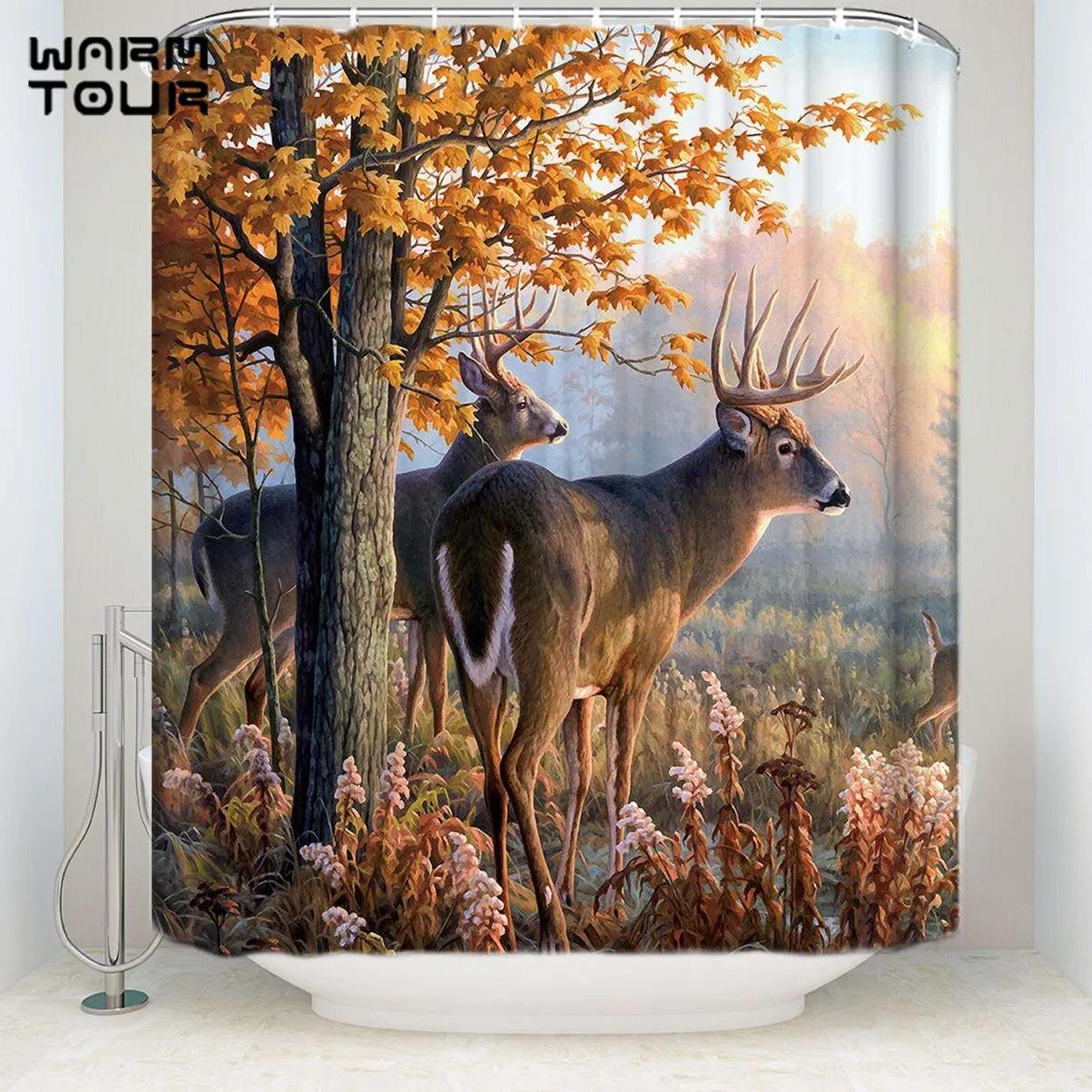 Extra Long Fabric Bath Shower Curtains Deer Autumn Deep Forest Mildew resistant Bathroom Decor