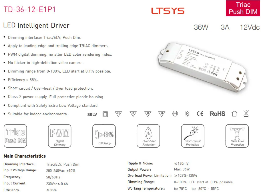 Светодиодный диммер Triac TD-36-12-E1P1; AC 200-240V вход, выход 36W 12V светодиодный Диммируемый драйвер