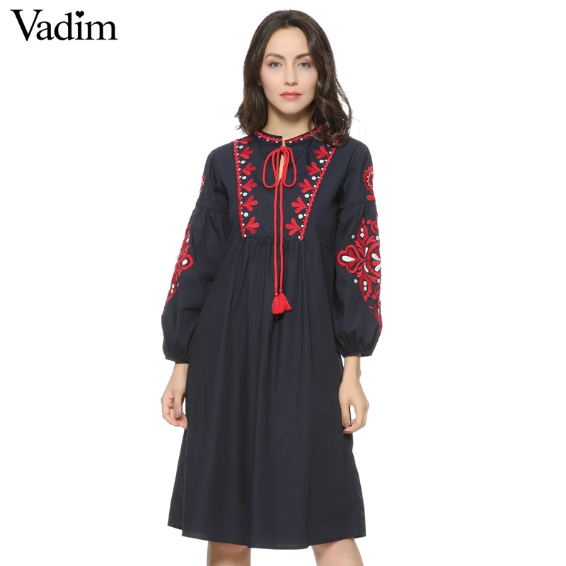 

Women vintage floral embroidery dress drawstring tie tassels long sleeve Faldas festa casual brand loose retro dresses QZ2611