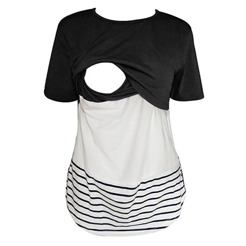 Популярная стильная одежда для беременных с круглым вырезом, короткими рукавами, контрастной спинкой, кружевная футболка в стиле пэчворк - Цвет: black