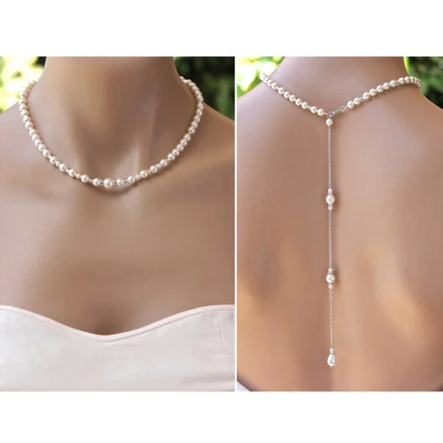 simple simulado perla collar largo backless vestido accesorios