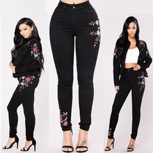 Вышитые обтягивающие рваные джинсы женские эластичные джинсы с дырками и высокой талией облегающие повседневные джинсы размера плюс черные джинсы