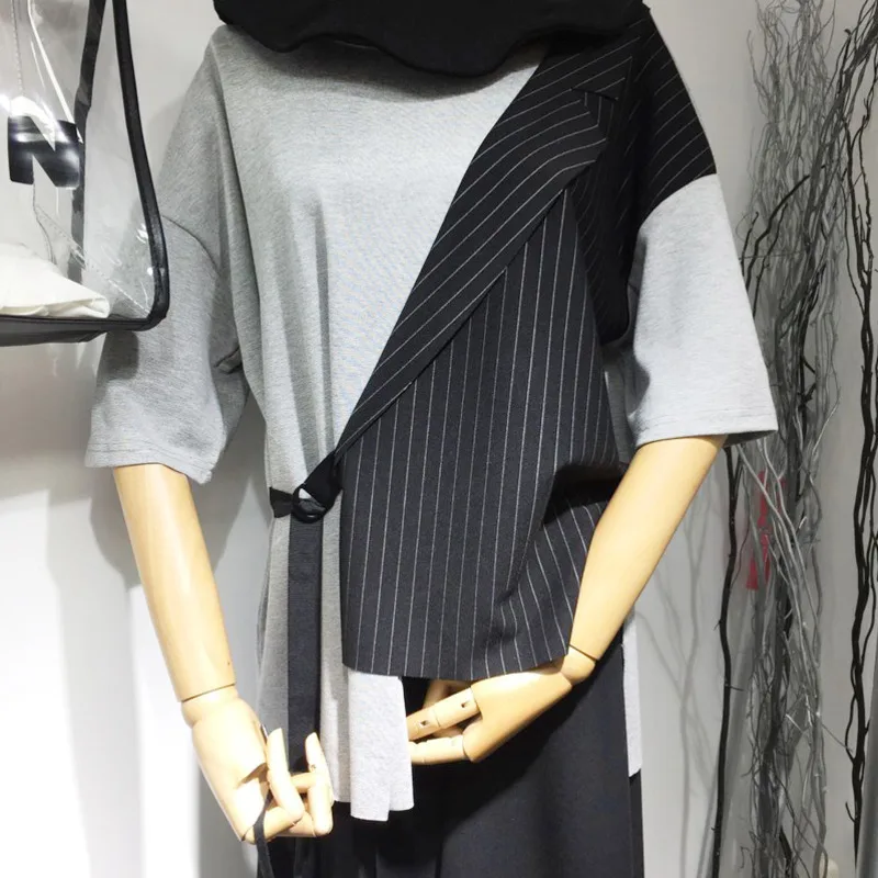 

[EWQ] 2019 Spring Autumn New Pattern Casual Style O-neck Two Colors Patchwork Suit Collar Ruffles Half Loose T-shirt AF313