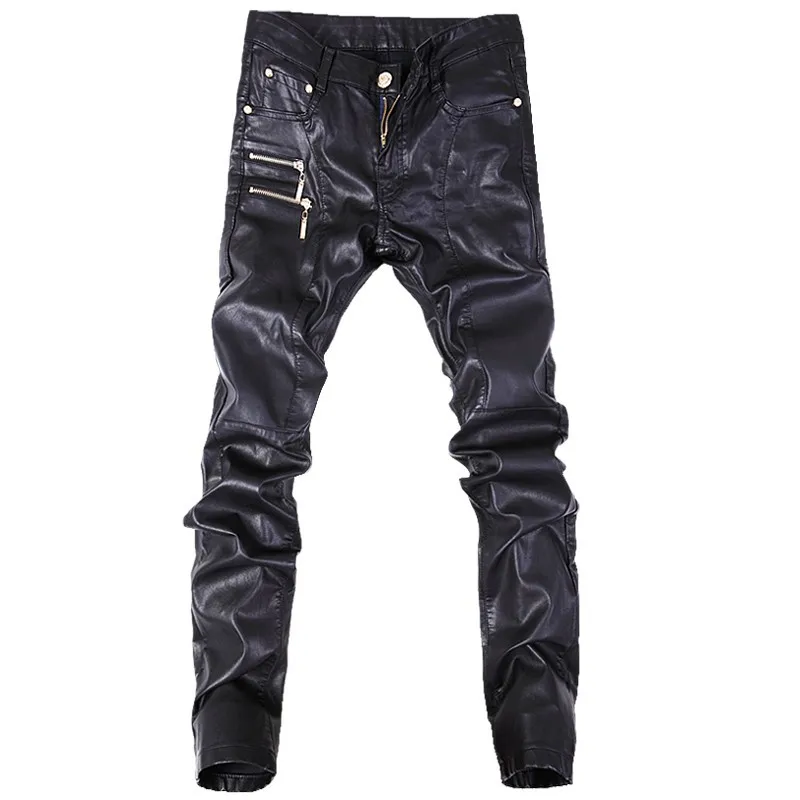 Mens Faux Leather PU Pants Nightclub Slim Fit Pencil Trousers Casual 4Colors Sz