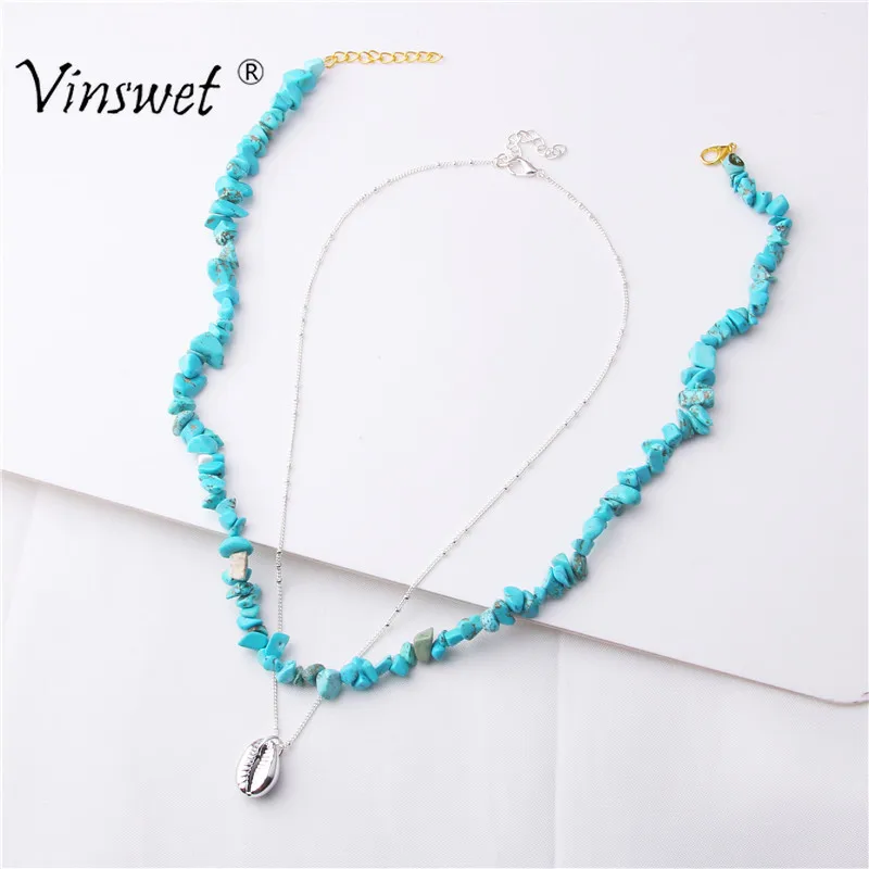

Bohemian Multilayer Necklace Blue Turquoises Red Coral Stone Handmade Necklaces for Women Shell Pendant Necklace Party Jewelry