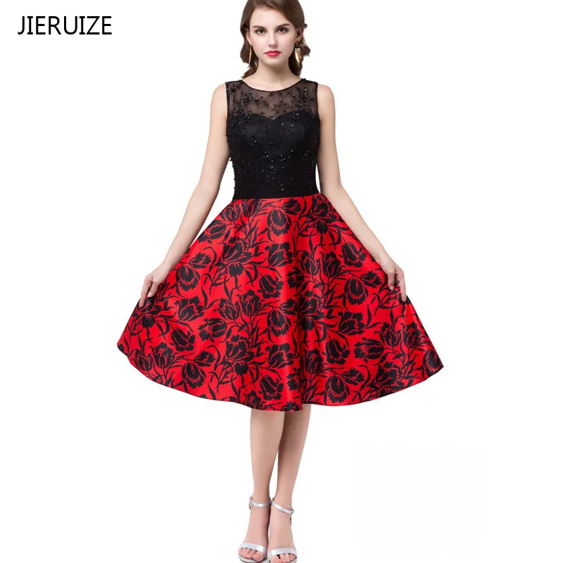 

JIERUIZE Black Lace Red Print Floral Cheap Prom Dresses Short 2017 Beaded Short Evening Party Dresses vestido de festa curto