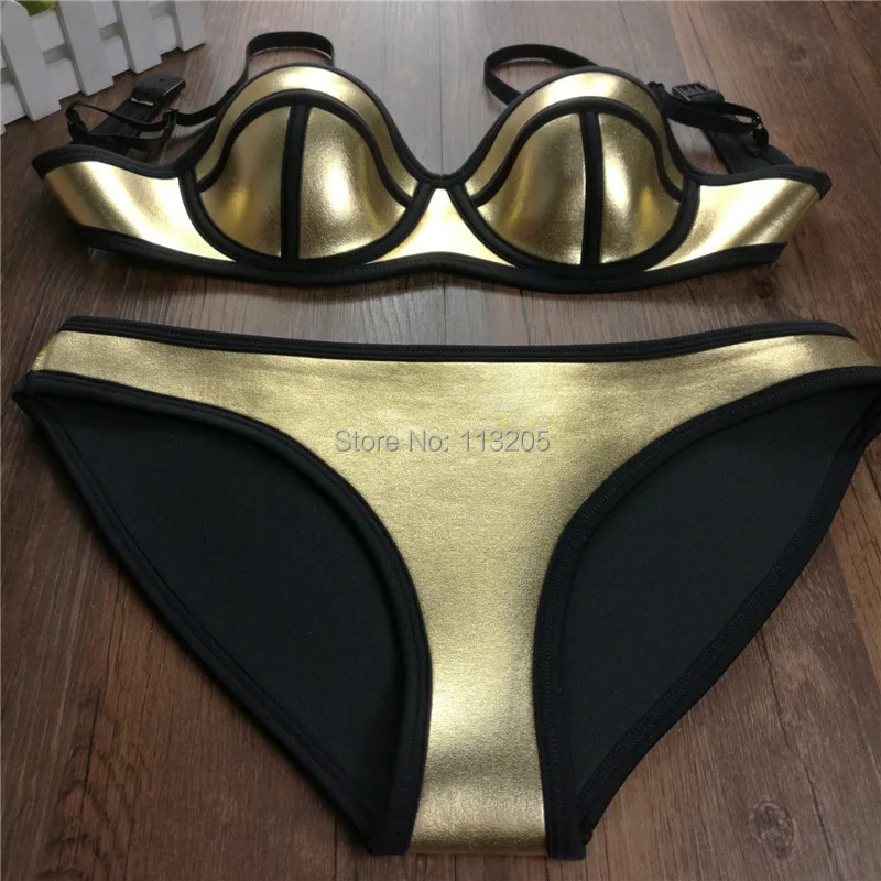 Неопреновый купальник пуш-ап, Женский гладкий сексуальный купальник на плоской подошве, брендовый благородный неопреновый Золотой высококачественный комплект бикини, купальный костюм