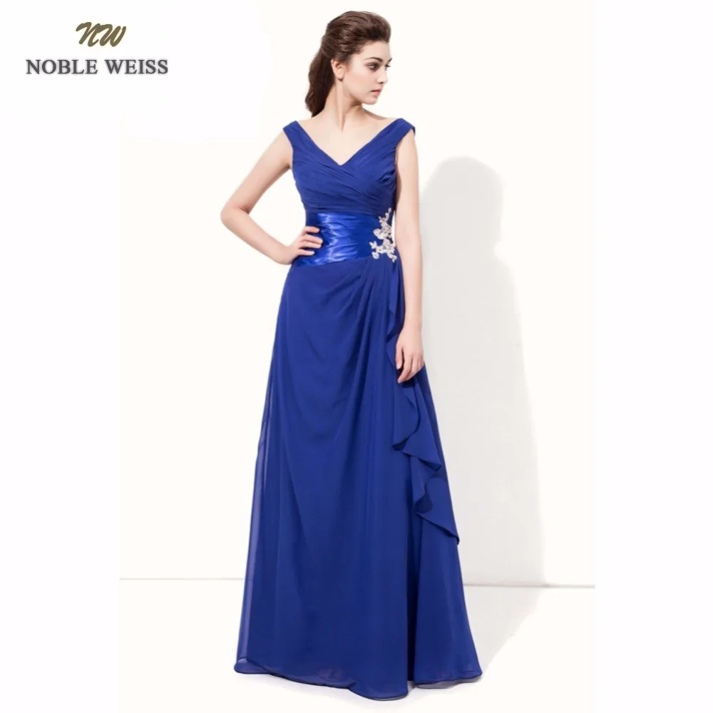 

LANSITINA Sexy Evening Dresses A-line Royal Blue Pleat Long Special Occasion Dresses Custom Made Chiffon Formal Dresses