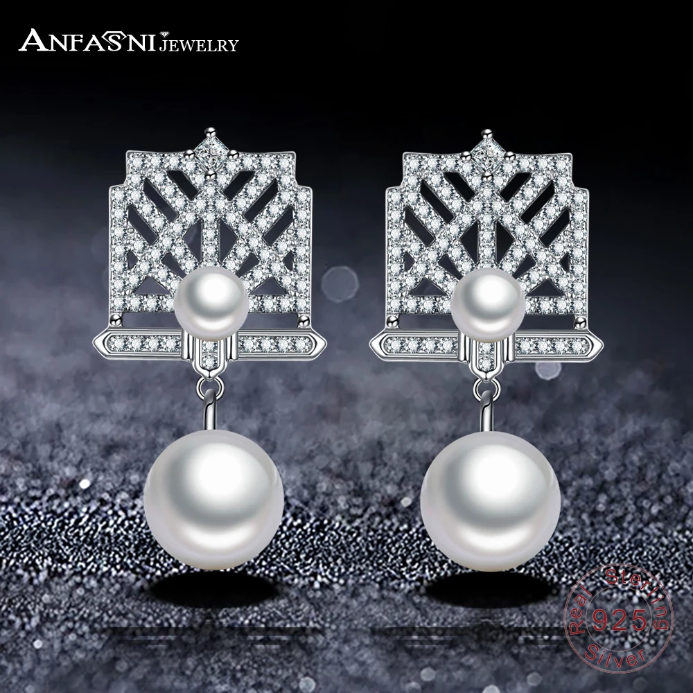 

ANFASNI 925 Sterling Silver Earrings Top Clear Zirconia Paved Wedding Earring Jewelry Geometric Shape Pearl Earrings For Women