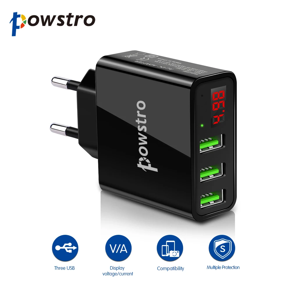 Универсальное настенное зарядное устройство Powstro 5 В 3 А, 3 USB, зарядное устройство для мобильного телефона, дорожный адаптер, дисплей, зарядное напряжение, ток для телефона, планшета