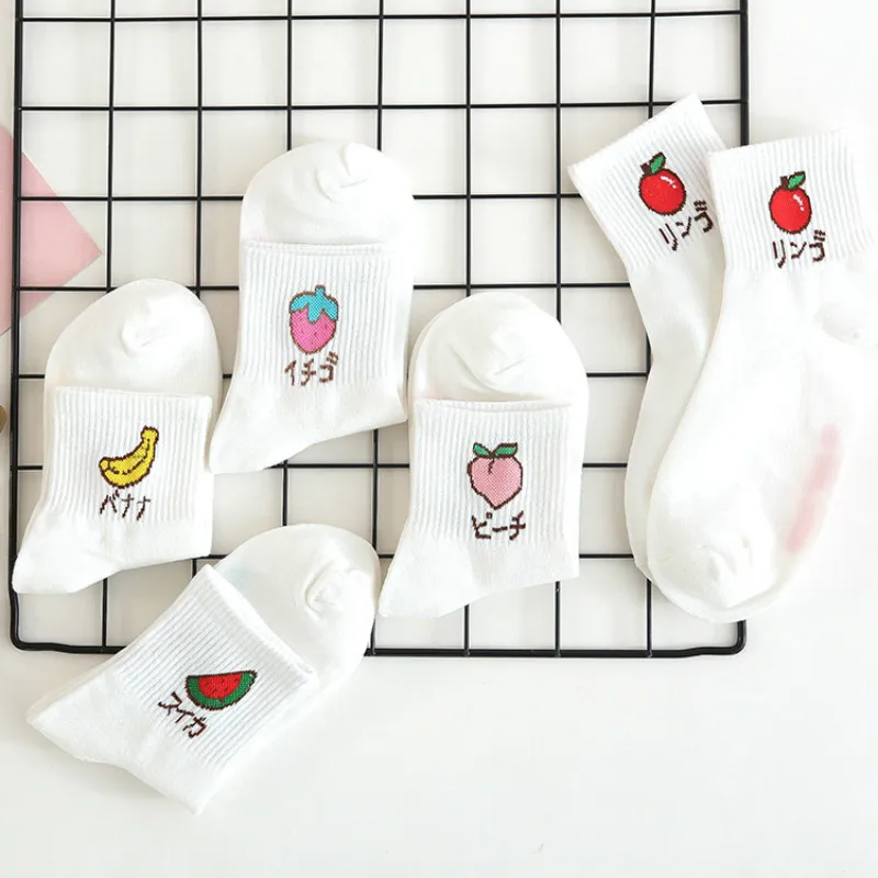 Носки женские хлопковые с рисунком клубники банана персика Харадзюку|socks